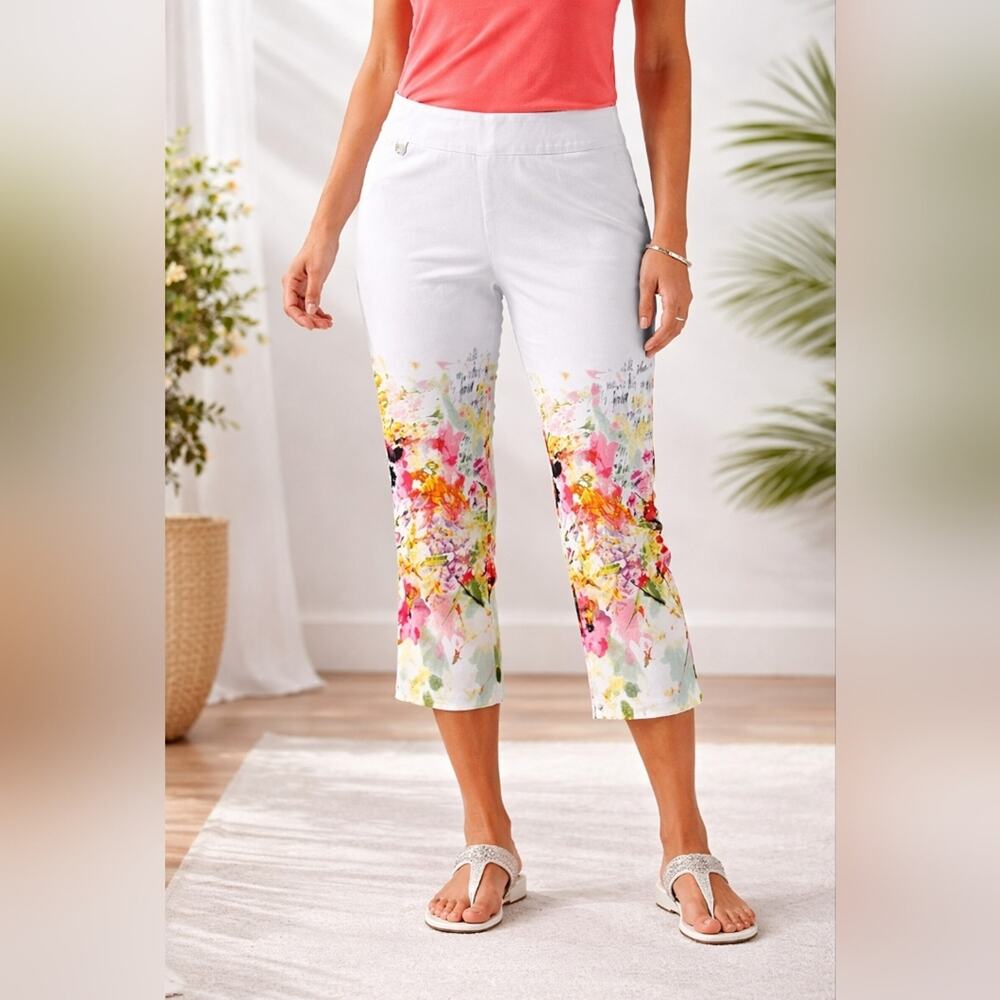 Artex Floral Women's Cropped Pants Pull On Sz. L #1201